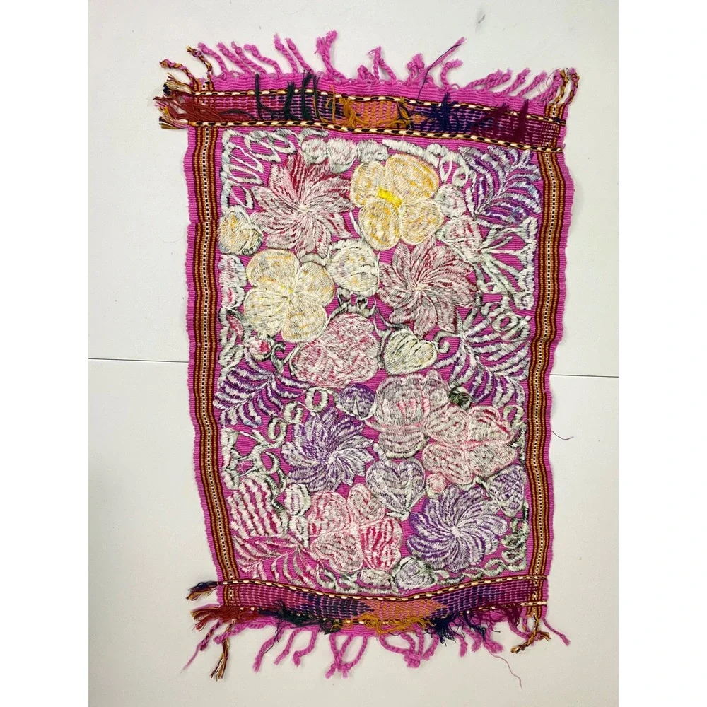 Lot of 4 Mexican Hand Embroidered Floral Textile Panels Otomi Folk Art Fringed